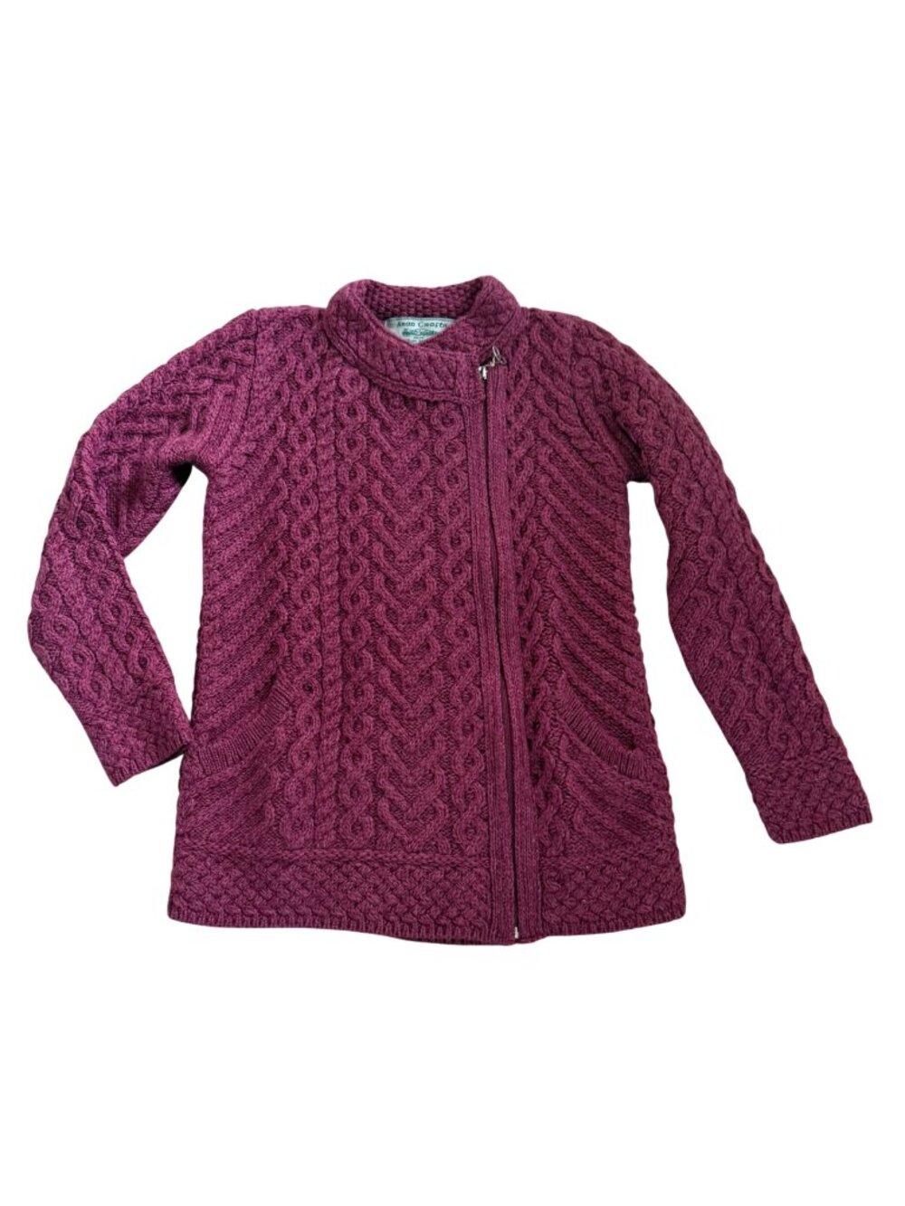 Aran Crafts Merino Wool Burgundy Cable Knit Cardigan Jacket Zipper Small